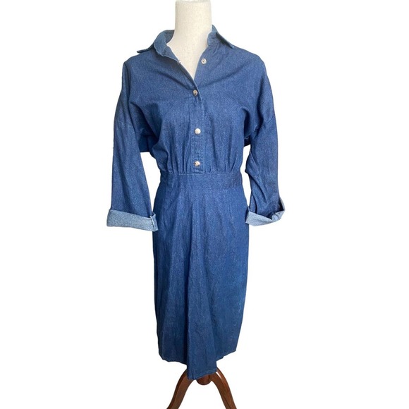 Denim Dress Fringe Western Snap Back Straight Wriggle 4 Small Vintage 80s READ - Picture 4 of 5